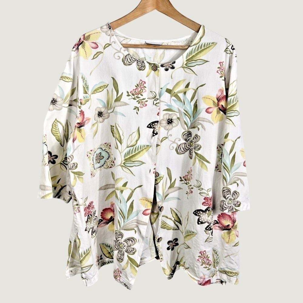 Hot Cotton Woman Top 2X White Floral Button Front 3/4 Sleeve Lagenlook Blouse